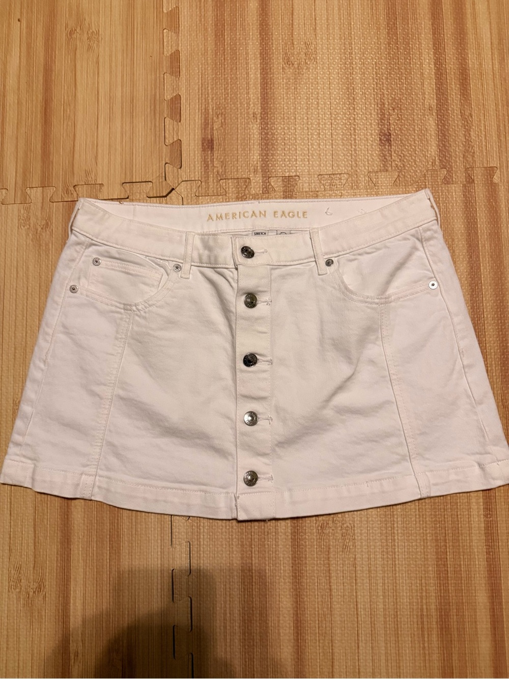 American Eagle Denim Skirt Women 8 white High Rise A-Line Button Front Stretch